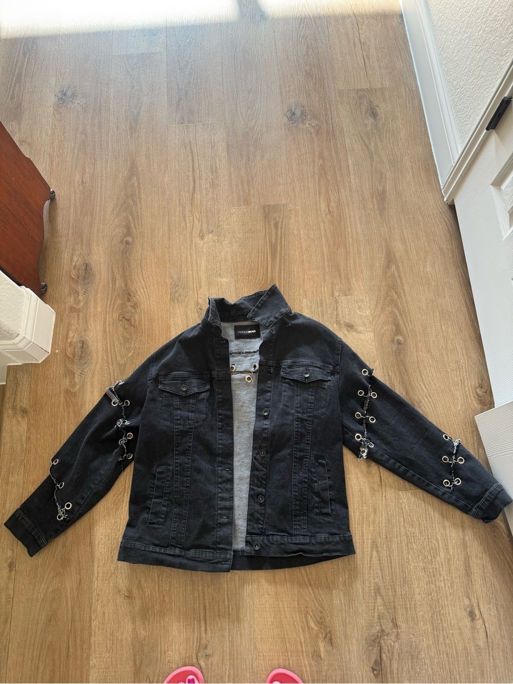 Fashion Nova Black Denim Chain-Trim Jacket